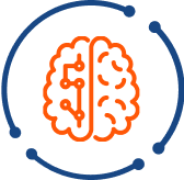 An icon depicting a brain in vibrant orange and blue colors