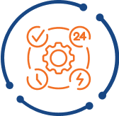 Icon representing a service management system, featuring interconnected gears and a digital interface design.