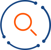 A blue and orange magnifying glass icon