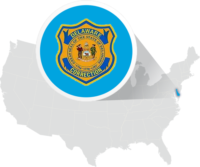 A map of the United States with the Delaware Correction Seal