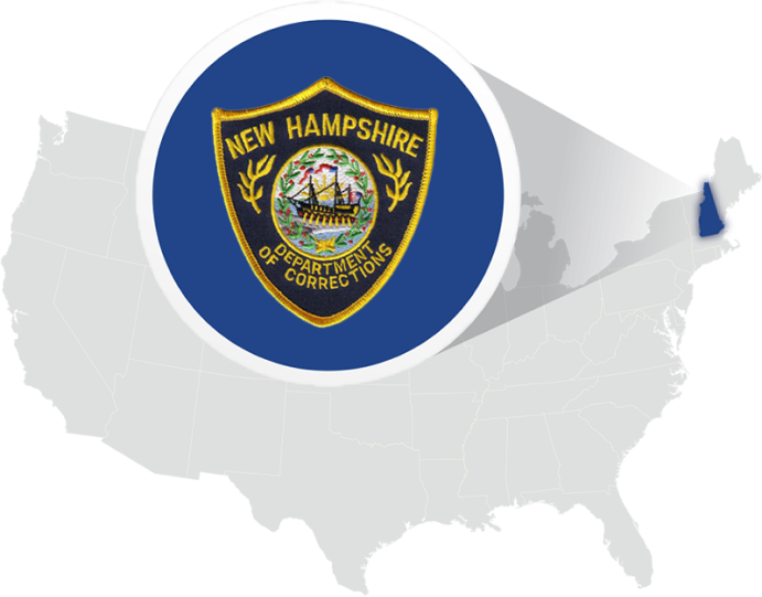 Map of the United States with the New Hampshire Department of Corrections Seal