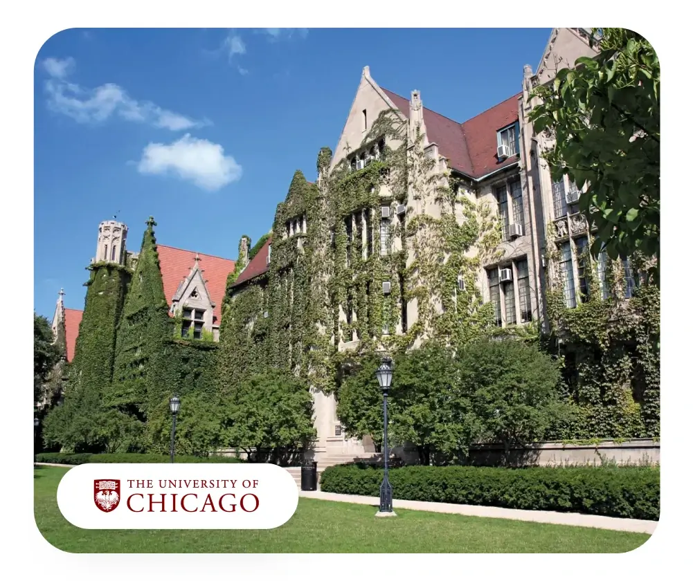 Photo of the University of Chicago with logo