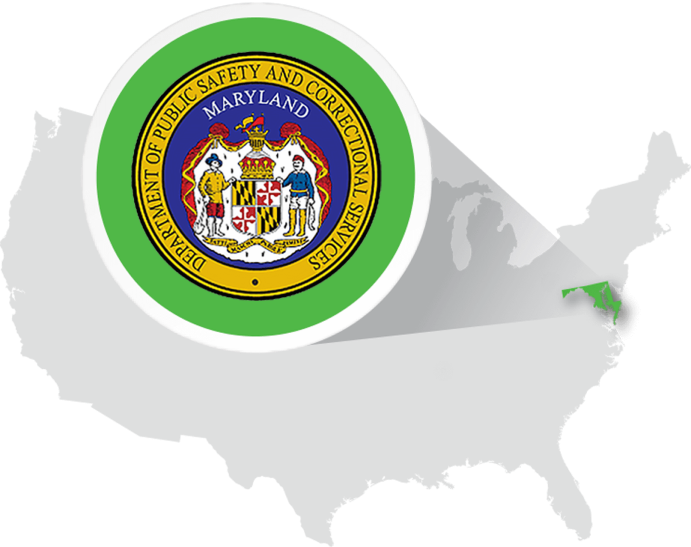 Map of the United States with the Maryland Department of Public Safety and Correctional Services Seal