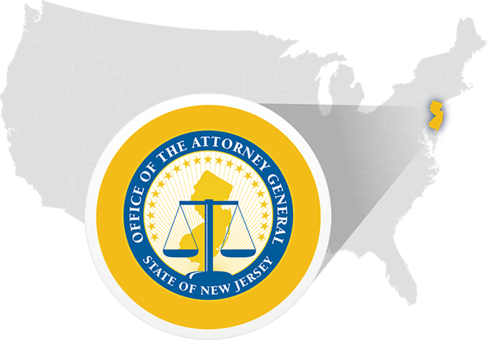 A map of the United States with the Seal of the Attorney General of New Jersey