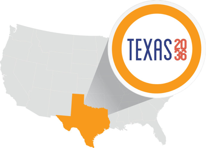 A map of the United States with the Texas 2036 logo