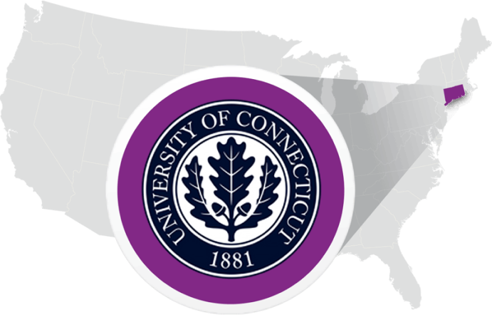 A map of the United States with the University of Connecticut Seal