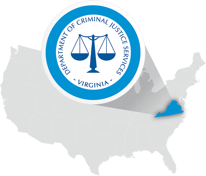 Map of the United States with the Virginia Department of Criminal Justice Seal