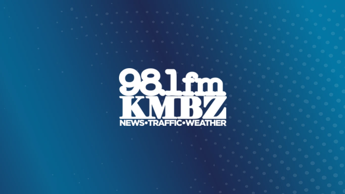 White 98.1fm KMBZ News Traffic Weather Logo on blue background