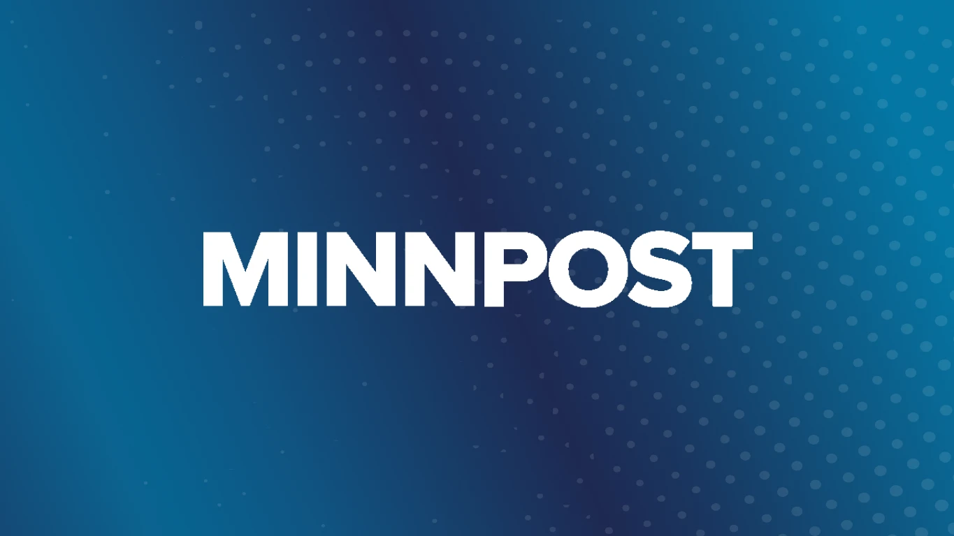 White Minnpost Logo on blue background