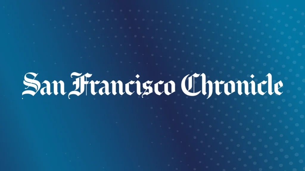 White San Francisco Chronicle Logo on blue background