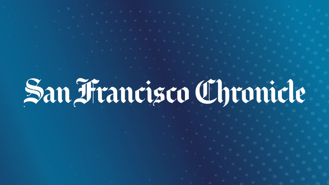 White San Francisco Chronicle Logo on blue background