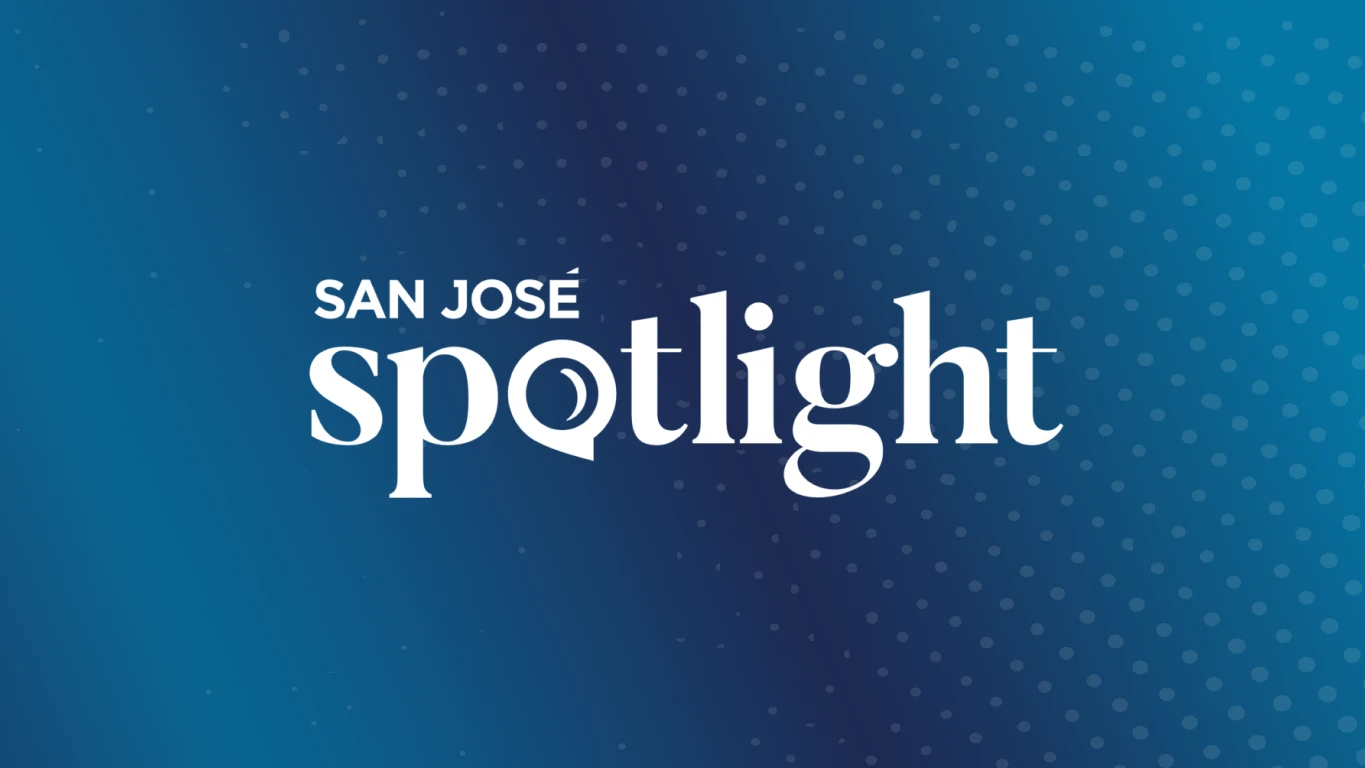 White San José Spotlight Logo on Blue Background